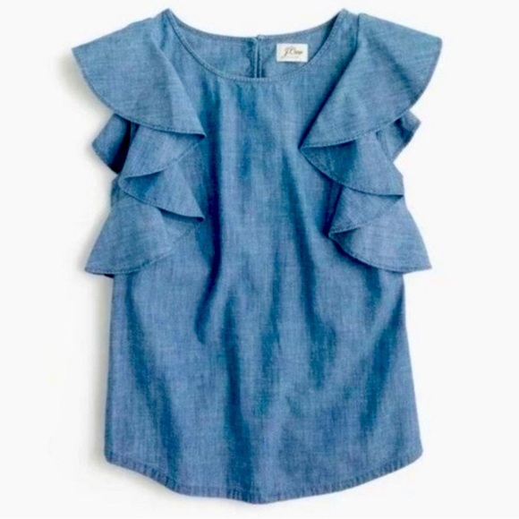 J.Crew Ruffle Chambray Boho Cottagecore Office Shabby Chic Top - Picture 1 of 4